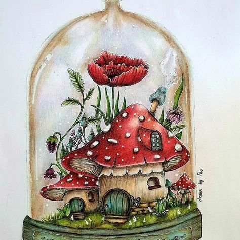 Babsy S. (@colourmanic) • Instagram-foto's en -video's Flower Jar Drawing, Mushroom In A Jar, Mushroom Paintings, Mushroom Houses, Beautiful Coloring Pages, Bottle House, Digital Art Inspiration, Book Pictures, Flowers In Jars