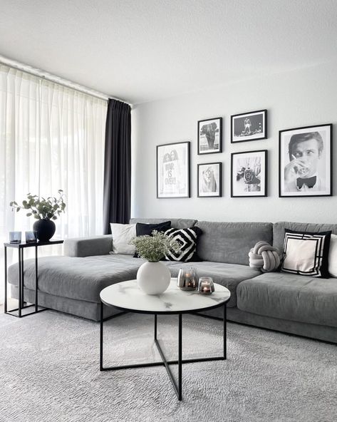 Living Room Grey Designs, Blue Sofa Grey Carpet Living Room Ideas, Couch For Grey Walls, Black And Grey Color Palette Living Room, Grey Home Interior Design, Grey Living Room Apartment Ideas, Interior Design Grey Walls, Grey Palette Living Room, Living Room Designs Grey And White