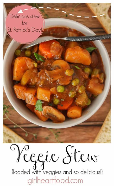 This incredibly hearty veggie stew is chock full of veggies in a rich, flavourful gravy.  It's made in one pot, super thick and so delicious! Enjoy on its own or with a big hunk of bread. #veggiestew #veganstew #vegetablestewrecipe #wintervegetablestew #veganvegetablestew #bestvegetablestew #heartyveganstew #vegstew #vegstewrecipe #stpatricksdayrecipe #veganirishstew Vegan Irish Stew, Veg Stew, Irish Stew Recipe, Vegetarian Holiday Recipes, Veggie Stew, Vegetable Stew Recipe, Vegan Stew, Irish Stew, Vegetable Stew