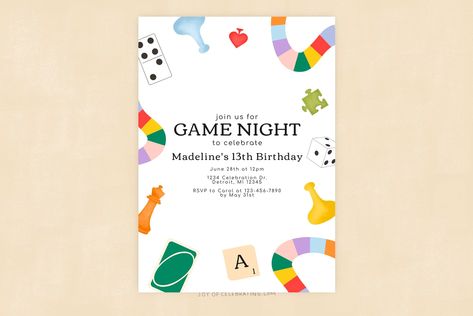 Game Night Fun Game Night Birthday Party Invitation Board - Etsy Game Night Birthday Party, Bord Games, Night Birthday Party, Board Game Party, Game Night Parties, Movie Night Birthday Party, Fun Invitations, Back To School Party, Invite Template