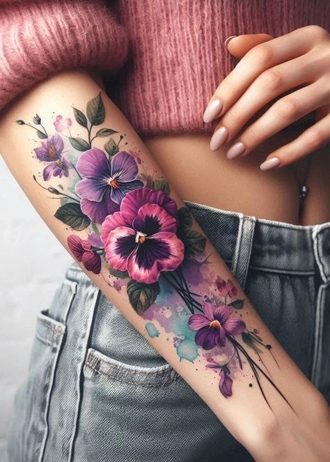 Purple Roses Tattoo Design, Watercolor Small Tattoo, Forearm Color Tattoo Women, Cross Body Tattoo, Flower Forearm Tattoos For Women, Flower Forearm Sleeve, Watercolor Wildflower Tattoo, Flower Arm Tattoos For Women Forearm, Lover Boy Tattoo