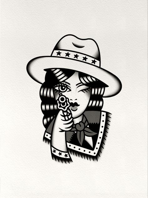 Cowgirl Tattoo, Traditional Tattoo Black And White, Traditional Tattoo Woman, Traditional Black Tattoo, Traditional Tattoo Flash Art, Cowgirl Tattoos, Traditional Style Tattoo, Western Tattoos, Traditional Tattoo Sleeve