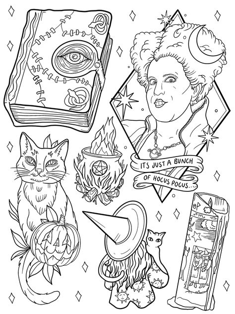 Hocus Pocus Illustration, Hocus Pocus Coloring Pages, Hocus Pocus Book, Theme Tattoo, Coloring Art, Drawing Color, Spooky Tattoos, Tattoo Stencil Outline, Cat Coloring Page