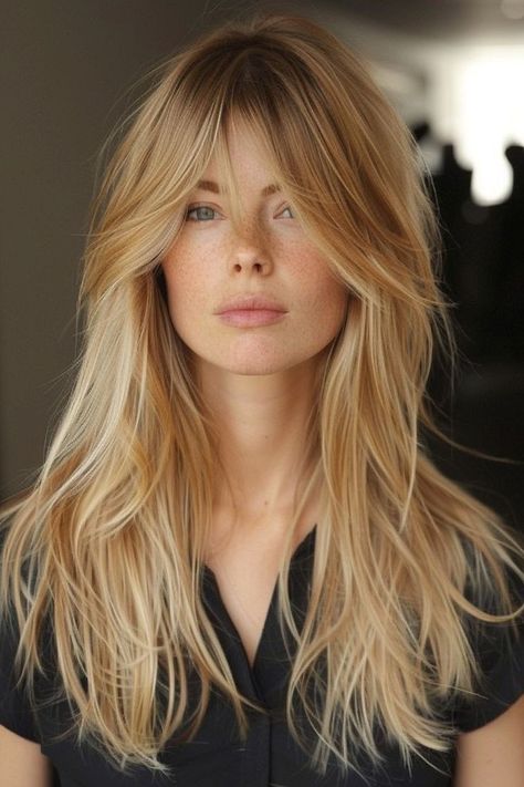 Modern 70s Hair Long, Long Blonde Hair With Bangs Straight, Drape Bangs Long Hair, Blond Balayage With Bangs, Curtain Bangs Side Part Haircuts, Long Hair Fringe Bangs, 70s Long Hairstyles, 70s Fringe Hair Long, Long Bangs Straight Hair