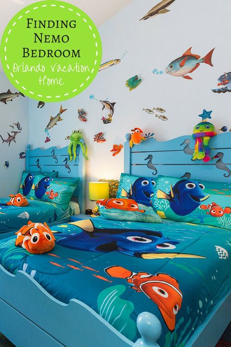 Kids will love spending their Orlando vacation in this Finding Nemo Bedroom. Lots of fishy features and Nemo, Dory, Crush and Hank join in the fun. #KidsBedrooms #NemoBedroom #ThemedBedrooms  #VacationPlanning #OrlandoPlanning #Airbnb #VRBO #MyKissimmee #VisitOrlando #VacationRental #FamilyTravel #FamilyReunion Finding Nemo Bedroom, Disney Classroom, Disney Rooms, Orlando Vacation, King Bedroom, Toddler Rooms, Disney Decor, Finding Nemo, Wallpaper Bedroom