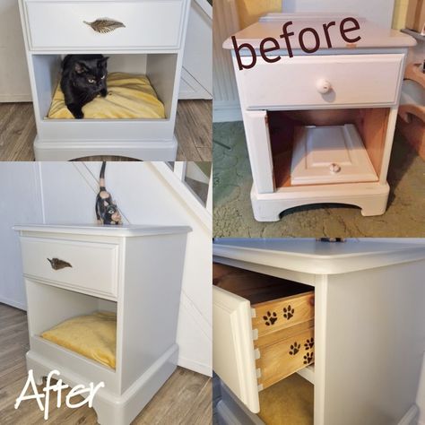 Pet furniture upcycle Coffee Table Cat House, Cat Bed Side Table Diy, Nightstand Cat Bed, Side Table Cat Bed, Upcycled Pet Furniture, End Table Cat Bed, Cat Bed Nightstand, Cat Bedside Table, Bedside Table Cat Bed