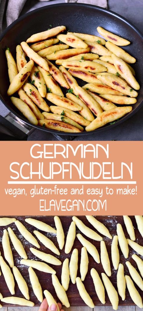 These are the best vegan and gluten-free German Schupfnudeln. These hearty potato noodles are very popular in Germany and Austria, and they can be combined with lots of savory dishes. #schupfnudeln #potatonoodles #potatodumplings #elasrecipes | elavegan.com Dumplings Easy, Gluten Free Dumplings, Vegan Dumplings, Gluten Free Gnocchi, Potato Noodles, Gluten Free Sides, Gluten Free Potatoes, Gluten Free Sides Dishes, Vegan Potato