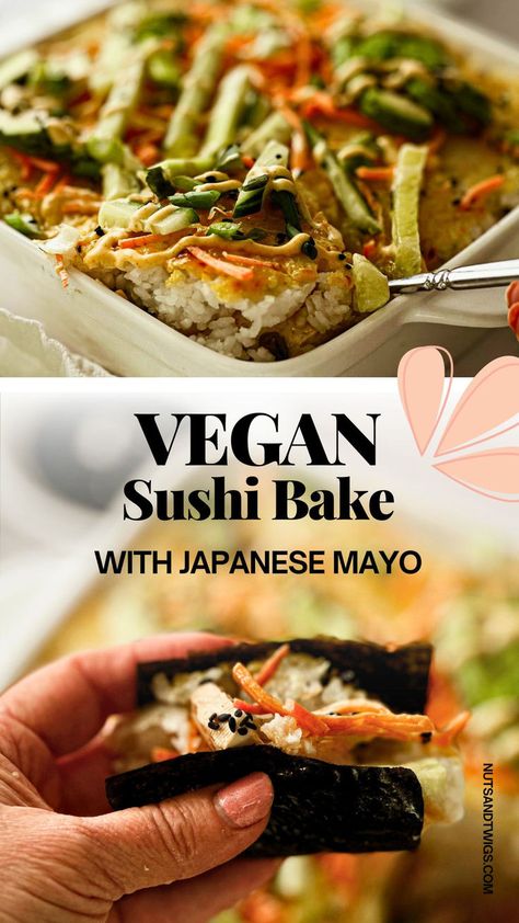 collage of two pictures of vegan sushi bake. one in a casserole the other in a nori sheet Work Lunch Ideas Vegan, Quick Gf Dinner, Tofu Sushi Recipes, Vegan Sushi Bake Recipe, Veggie Sushi Bake, Easy Vegan Asian Recipes, Vegetarian Sushi Bake, Vegan Make Ahead Meals, Easy Vegan Potluck Recipes