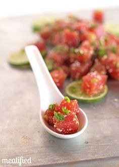 Ahi Tuna Ceviche with Sesame and Mint from http://meatified.com Tuna Ceviche, Paleo Fish, Mini Hamburgers, Ceviche Recipe, Ahi Tuna, Tempura, I Love Food, Appetizer Snacks, Paleo Recipes