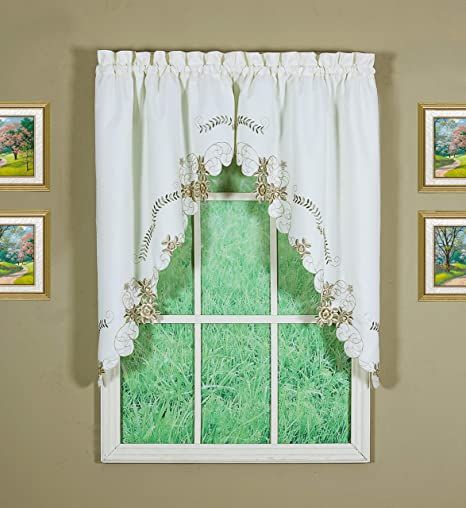 Amazon.com: Today's Curtain Verona Reverse Embroidery Window Swag, 38-Inch, Ecru/Antique: Home & Kitchen Window Swags, White Valance, Tie Up Shades, Swag Curtains, Embroidered Rose, Embroidered Border, Window Bed, Valance Window Treatments, Collections Etc