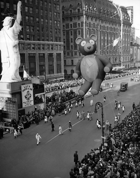 The Macy's Thanksgiving Parade was suspended during WWII from 1942-1944 because rubber and helium were needed for the war.       To contribute to the war effort, parade balloons were melted into 650 pounds of rubber. Macy's Parade, Macy's Day Parade, Macys Thanksgiving Parade, Macy’s Thanksgiving Day Parade, Macys Parade, Holiday Parades, Miracle On 34th Street, Thanksgiving Parade, Thanksgiving Day Parade