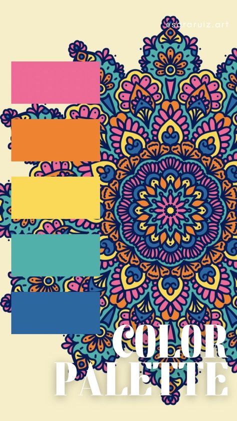 Artwork and color palette created by @sararuiz_art Sharpie Color Palette, Mandala Color Palette Colour Schemes, Mandala Color Scheme Ideas, Mandala Color Pallets, Mandala Color Scheme, Color Palette For Mandala, Color Palette Mandala, Mandala Colour Palette, Mandala Color Combinations