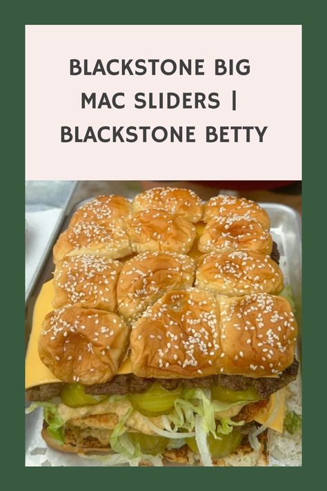 Blackstone Big Mac Sliders, grilled patties, layered cheese, lettuce, pickles, onions, special sauce, all sandwiched between toasted buns. Sliders On The Blackstone, Blackstone Mac And Cheese, Blackstone Sliders, Blackstone Betty Recipes, Blackstone Betty, Big Mac Sliders, Pickles Onions, Hamburger Sliders, Slider Rolls