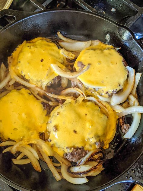 Skillet Burgers - Sungrown Kitchen Skillet Hamburger Patties, Pan Fried Burgers Ground Beef, Pan Fried Hamburger Patties, Burgers With Onions, Pan Fried Hamburgers, Hamburgers On The Stove, Skillet Burgers, Cast Iron Burgers, Burgers On The Stove