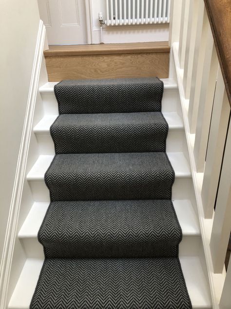 Dark Grey Sisal Herringbone Carpet Fitted In Holloway | The Flooring Group Dark Stair Runner, Dark Gray Carpet Stairs, Herringbone Carpet Stairs And Landing, Dark Grey Stair Runner, Dark Sisal Carpet, Sisal Herringbone Carpet, Charcoal Carpet, Grey Stair Carpet, Herringbone Carpet