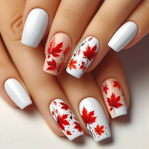 Fall Nail Designs Maple Leaf, Maple Leaves Nails, Nails Red Design Ideas, Fall Nails Leaf, Maple Leaf Nails, White Nails Fall, Fall Leaves Nails, Fall Nails Red, Fall Leaf Nails