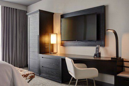 Archer Hotel Austin King Balcony Suite Guest Room Desk and TV Tv Gallery Wall Ideas, Media Stands, Tv Gallery Wall, Hotel Bedroom Design, Hotel Room Interior, Hotel Room Design, Bedroom Desk, Tv In Bedroom, Tv Wall Design