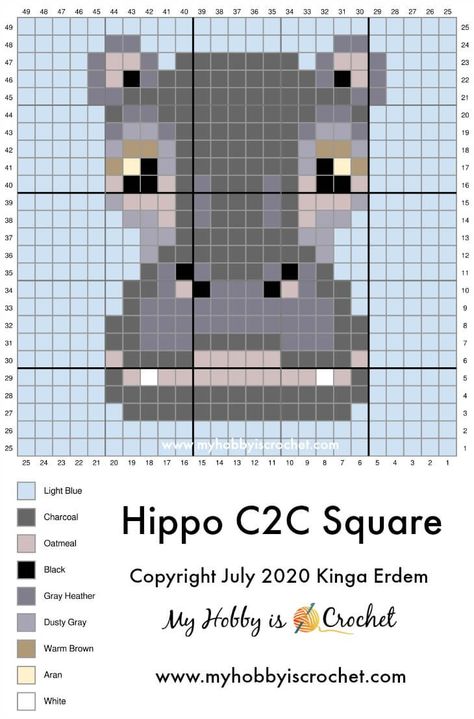 Hippo Pixel Art, Hippo Cross Stitch, Crochet Pattern Graph, Crochet C2c Pattern, C2c Graph, Animal Blanket, Pixel Crochet, Tapestry Crochet Patterns, Corner To Corner