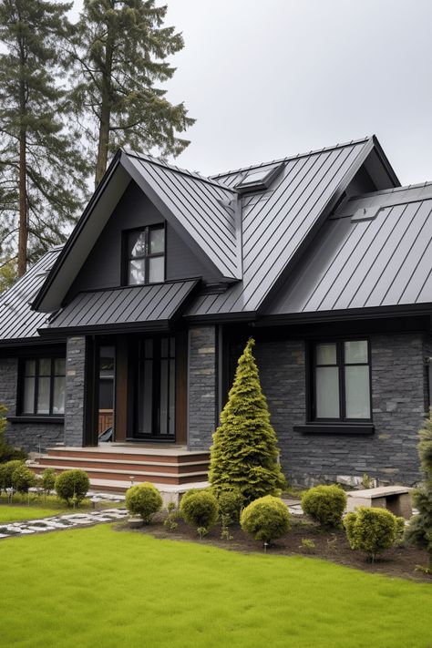 Metal Roof Houses Color Combos, Tin Roof House, Black Metal Roof, Metal Roof Houses, Metal Roof Colors, Grey Siding, Boost Curb Appeal, Black Houses, Metal Roofs