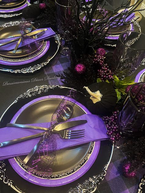 Purple Black Party Theme, Black Purple Wedding Decor, Wedding Ideas Black And Purple, Purple Place Settings, Black And Purple Table Decor, Black And Purple Goth Wedding, Gothic Wedding Purple, Black And Purple Themed Wedding, Halloween Wedding Ideas Purple And Black