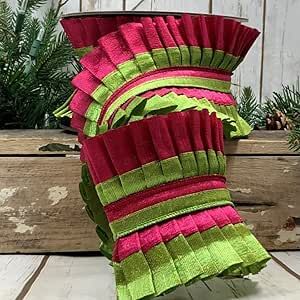 D Stevens 4" Metallic Dupion Pleated Ruffle Ribbon in Lime Green & Hot Pink (5 Yards) - Luxurious Designer Wired Edge Ribbon for Holiday Crafts, Floral Arrangements, Wreath Making and Gift Wrapping Lime Green Ribbon, Elf Christmas Tree, Work Wreath Forms, Patriotic Christmas, Gift Wrap Ribbon, Lantern Candle Decor, Work Wreath, Fall Ribbons, Halloween Ribbon