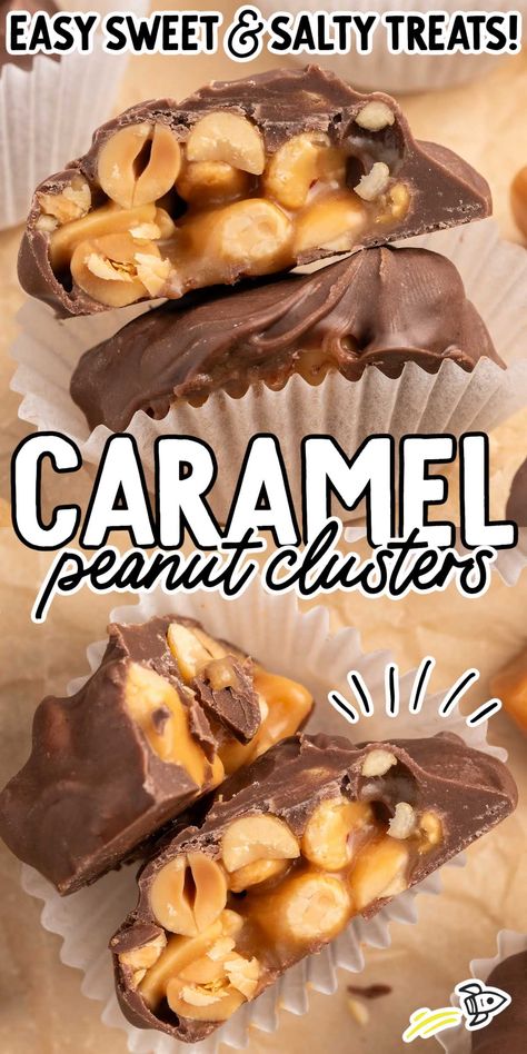 Salted Peanut Caramel Clusters Toffee Peanut Clusters, Roll Candy Pretzels, Christmas Crockpot Peanut Clusters, Slow Cooker Candy Peanut Clusters, Homemade Peanut Clusters, Holiday Food Gift Ideas, Chocolate Caramel Pecan Clusters, Christmas Square Recipes, Nut Clusters Recipe