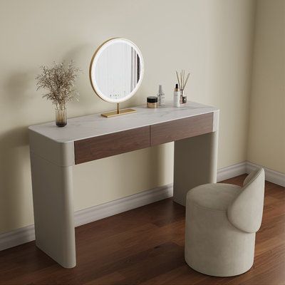 Elevate your daily routine with our luxurious dual-purpose dressing table. Perfect for both makeup and work, it features a touch-screen HD LED mirror and a sleek rock panel top. With ample storage and smooth-sliding drawers, it's the ultimate in elegance and functionality. Hokku Designs | Hokku Designs Yasmira Vanity 29.53 H x 39.37 W x 15.75 D in brown / greenWood in White | 29.53" H X 39.37" W X 15.75" D | Wayfair Coastal Makeup Vanity, Small Apartment Vanity, Makeup Table Design, Modern Bedroom Vanity, Make Up Desk, Wood Makeup Vanity, Rock Panel, Modern Makeup Vanity, White Dressing Tables