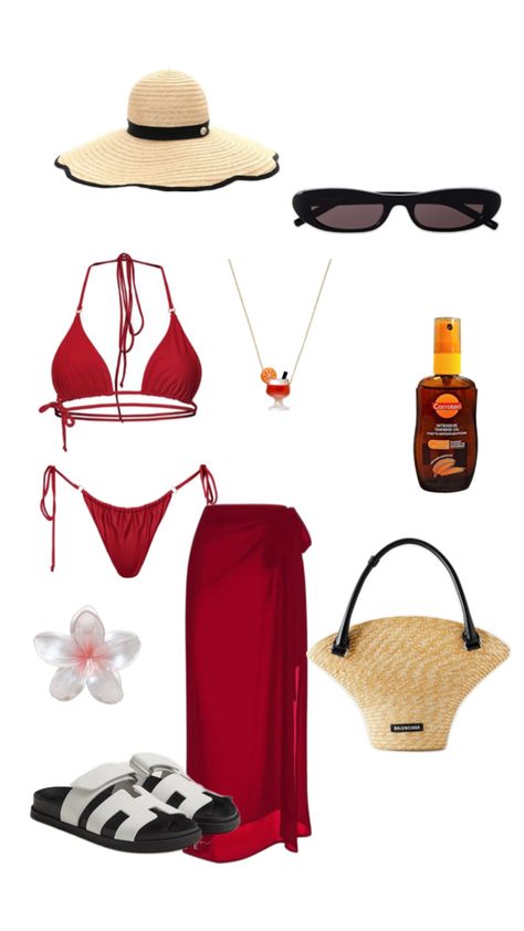 beach outfit inspo, resort outfit inspo, red bikini set outfit ideas Punta Cana Outfits, Bathing Suit Outfits, Red Bathing Suits, Medical Outfit, Resort Outfit, Vacation Outfit, Painted Clothes, Beach Chic, Summer Fashion Outfits