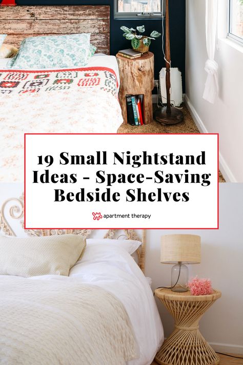 Nothing pulls together a perfect sleeping area quite like a chic nightstand. However, if you have a small bedroom, finding space for one may prove difficult. This roundup of 19 clever nightstand ideas will give you plenty of inspiration for configuring your own bedside space, no matter how limited you are in square footage. No Space For Bedside Table Ideas, Nightstand Lower Than Mattress, No Space For Nightstand Ideas, Bed Without Nightstand Ideas, Nightstand Small Bedroom, No Room For A Nightstand, Cheap Bed Side Table, No Night Stand Ideas, Small Bedroom Table Ideas