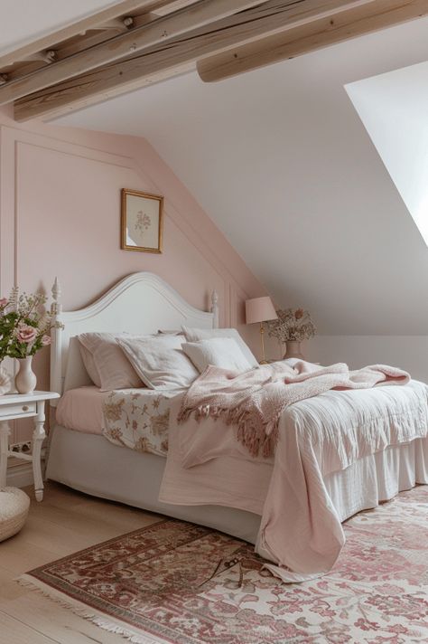 What Colors Work Best in a Bedroom with Slanted Walls? Bedroom Ideas Slanted Ceiling, Decorating Slanted Walls, Bedroom Slanted Ceiling, Slanted Wall Bedroom, Slanted Ceiling Bedroom, Light Pink Bedrooms, Winter Bedroom Decor, Upstairs Ideas, Loft Bedrooms