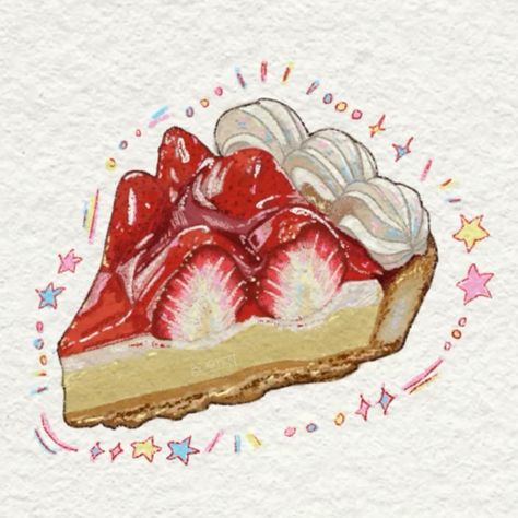 Strawberry Cake Drawing Art, Cake Drawing Watercolor, Red Food Drawing, How To Draw Whipped Cream, Frosting Drawing, Whipped Cream Drawing, Dessert Drawing Easy, Strawberry Cake Drawing, Cake Drawing Aesthetic