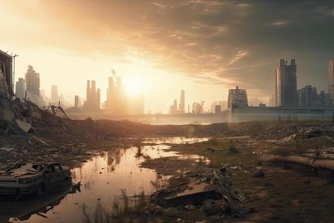 Post-apocalyptic landscape. City after the effects of global warming. Climate changes concept Apocalypse Landscape, Post Apocalyptic City, Landscape City, Apocalypse World, Dark City, Post Apocalypse, Post Apocalyptic, Art Portfolio, Landscape Art