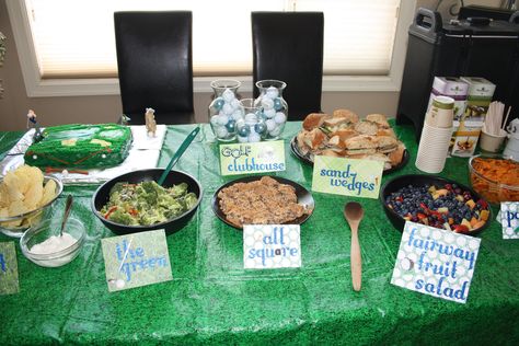 Golf themed food =) Food cards on plaid, grass, and golf ball paper. All food names are golf related. Tournament Food Ideas, Golf Themed Food, Golf Party Ideas, Tournament Food, Golf Gender Reveal, Golf Party Foods, Golf Baby Showers, Golf First Birthday, Golf Birthday Cakes