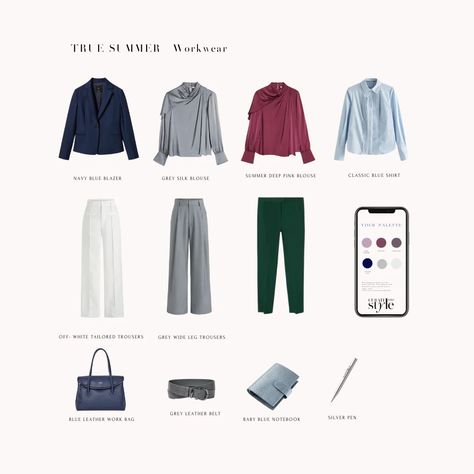 Cool True Summer Outfits, True Summer Work Outfits, True Summer Color Palette Outfits Capsule Wardrobe, True Summer Outfits Palette, House Of Colour Dark Summer Outfits, True Summer Capsule, True Summer Capsule Wardrobe, Muted Wardrobe, True Summer Palette