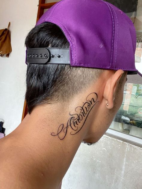 Name Tattoos On Neck, Ambition Tattoo, Back Ear Tattoo, Small Tattoo Ideas For Men, Loyalty Tattoo, Name Tattoos For Moms, Small Neck Tattoos, Tato Minimal, Names Tattoos For Men