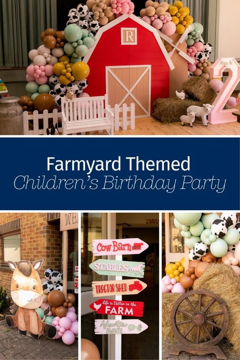 This Farm Birthday Party is full of adorable ideas for your child’s birthday party inspiration!   Styled by Party Genie, luxury party planner based in London UK, this farmyard decor is perfect for your child’s party!   Details include a Farm Themed Cake, Red Barn Backdrop, Farm-inspired Party Signage, Farm Animal cake pops and cupcakes. Farm Party Birthday Cake, Farm Themed Birthday Party Activities, Farm Animal Party Ideas, Two Year Old Farm Animal Birthday Party, 3rd Birthday Farm Theme, First Birthday Farm Theme, Farm Animal Birthday Party Decorations, Farm Birthday Party Food, Adopt A Farm Animal