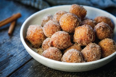 Recipe: Sugar and Spice Sweet Potato Doughnut Holes | Cary Magazine Sweet Potato Doughnut, Potato Donut, Potato Donuts, Doughnut Holes, Fall Spices, Mashed Sweet Potatoes, Warm Autumn, Sugar And Spice, Cooking And Baking