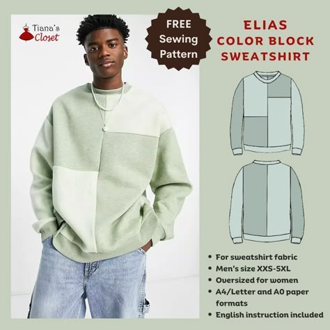 Elias men’s oversized blocked sweatshirt – Free Sewing Pattern – Tiana's Closet Free Men’s Sewing Patterns, Mens Free Sewing Patterns, Men’s Jacket Sewing Pattern, Sewing Patterns Sweater, Camp Shirt Sewing Pattern, Mens Clothes Sewing Patterns, Men’s Shirt Sewing Pattern, Sewing Patterns Mens, Unisex Sewing Patterns