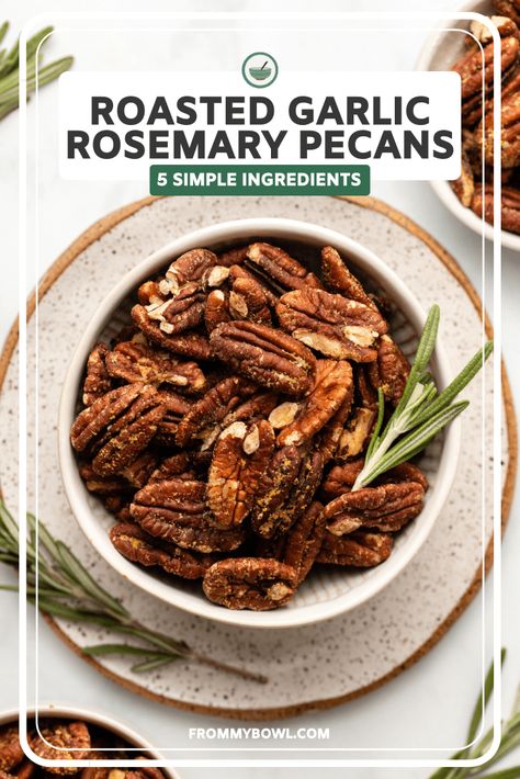 These Roasted Rosemary Pecans are the perfect herby snack or crunchy salad topping! Made with just 7 vegan and gluten-free ingredients. Crunchy Salad Toppings, Rosemary Pecans, Salad Topping, Vegan Holiday Recipes, Crunchy Salad, Vegan Roast, Roasted Pecans, Nut Recipes, Salad Toppings