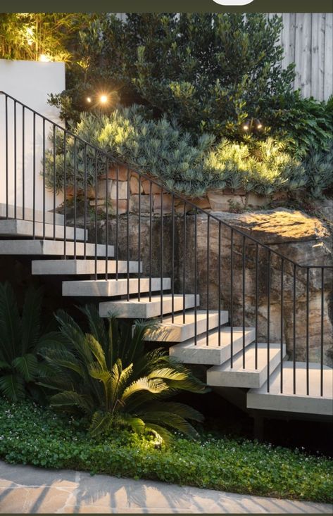 Outdoor Steps With Railing, Metal Stairs Outdoor, Balustrade Exterior, Garden Balustrade, Outside Stairs Design, Metal Balustrade, Stairs Outdoor, Cycas Revoluta, Concrete Playground