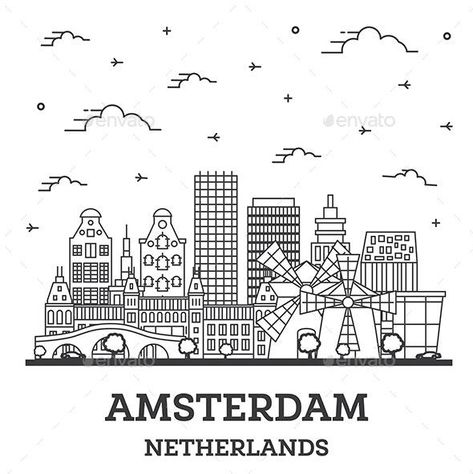 Outline Amsterdam Netherlands City Skyline with Historic Buildings Isolated on White. Amsterdam Outline, Amsterdam Doodle, Cafe Feature Wall, Instagram Outline, Netherlands City, City Outline, Amsterdam Skyline, City Skyline Silhouette, Outline Drawing