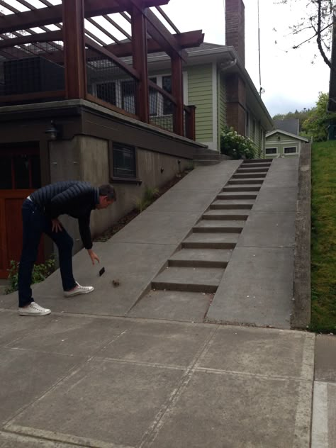 Driveway (15 degree slope, with stairs) Driveway With Steps, Garage Ramp Entrance, Sloped Driveway Ideas, Sloping Driveway Ideas, Sloped Driveway Landscaping, Sloped Driveway Solutions, Steep Driveway Ideas, Slope Driveway, Driveway Slope