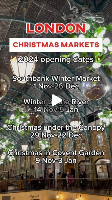 Love and London on Instagram: "London Christmas markets 2024 opening dates 🎄✨ We have some amazing Christmas markets here in London so here are the dates for our favourites.  ❤️ Southbank Winter Market 1 Nov - 26 Dec 📍 Southbank ❤️ Winter by the River 14 Nov - 5 Jan 📍London Bridge ❤️ Christmas under the Canopy 29 Nov - 22 Dec 📍King’s cross ❤️ Covent Garden Christmas Market 9 Nov - 3 Jan 📍 Covent Garden  If you’re in London for the festive season, head to our bio link, click it to find lots of tips to help you have the most magical London visit 🎄 and follow @loveandlondon for more tips for your London trip ❤️  #londontrip #christmaslondon #londonchristmaslights #londontravel #christmasmarket" Covent Garden Christmas, London Christmas Market, London Christmas Lights, London Visit, Winter Market, Christmas In London, Instagram London, London Christmas, London Trip