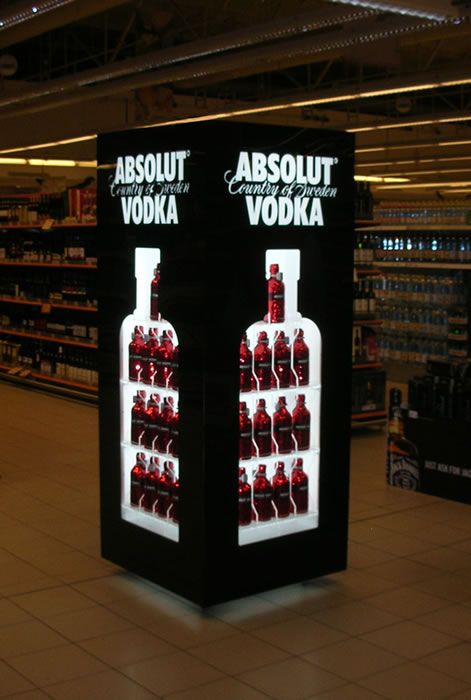 absolut bottle display backlit Creative Display Stand, Alcohol Display, Bar Alcohol Display Design, Alchohol Display, Bottle Stand Display, Bottle Glorifier Design, Vodka Label Design Creative, Classic Interior Design Living Room, Display Shelf Design