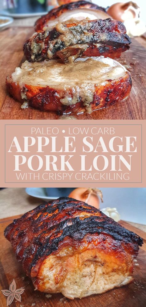 Need something a little different for the holidays? This Apple Sage Pork Loin with Crispy Crackling is absolutely delicious! Loaded with a fresh herb applesauce, the pork loin is slow roasted until crispy on the outside and tender inside. Slow Roasted Pork Loin, Cooking Pork Loin, Paleo Pork Tenderloin, Paleo Pork Recipes, Pork Sirloin Roast, Pork Crackling, Roasted Pork Loin, Pork Sirloin, Paleo Pork