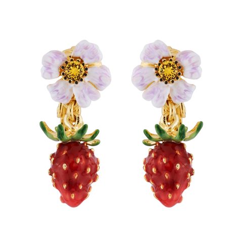 Strawberry and White Flower - CLIP ON Earrings - Royal Gardens by Les Nereides PARIS White Flower Earring, Strawberry Garden, Les Nereides, Bead Bar, Hand Painted Earrings, Royal Garden, Grape Bunch, Bar Stud Earrings, Semi Precious Beads