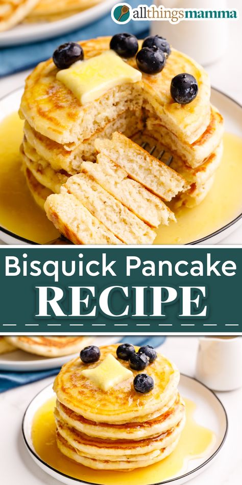 Classic Bisquick Pancakes collage image. Bisquick Pancakes Fluffy, Bisquick Blueberry Pancakes, Pancakes Using Bisquick, Bisquick Buttermilk Pancakes, Recipes With Bisquick, Pancakes Bisquick, Bisquick Pancake Recipe, Creative Pancake Recipes, Coconut Flour Pancakes Recipe