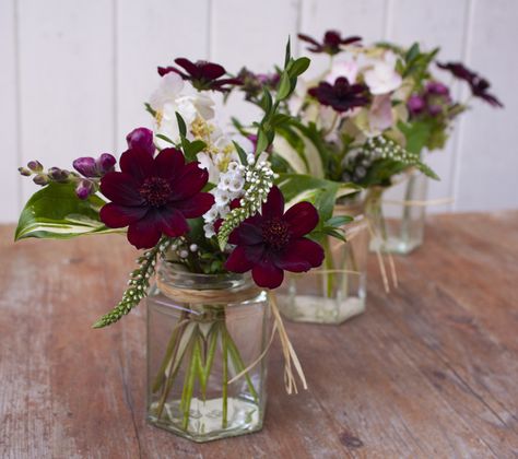 Chocolate Cosmos in Jam Jars Deep Red Wedding Flowers, Flowers In Small Vases, Jam Jar Vases, Jar Flower Arrangements, Jam Jar Wedding, Jars Of Flowers, Jam Jar Flowers, Mason Jar Flower Arrangements, Deep Red Wedding