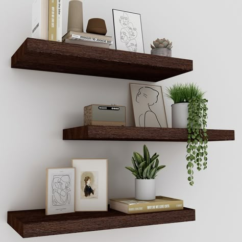 PRICES MAY VARY. 【Invisible Brackets】The brackets of these floating shelves are strong and invisible. They helps you dress up any empty wall space above a desk, fireplace, entryway, vanity, between windows. You can put succulent plants, collectibles and the other decorations on them. 【Space-saving】The rustic floating shelves are an ideal choice for utilizing vertical space. The wall shelves can be easily installed on the wall without occupying floor space, effectively utilizing the vertical spac Shelves Between Windows, Open Shelves Bedroom, White Floating Shelf, Beige Living Room Ideas, Fireplace Entryway, Desk Fireplace, Living Room Floating Shelves, Burnt Orange Living Room, Brown Shelves