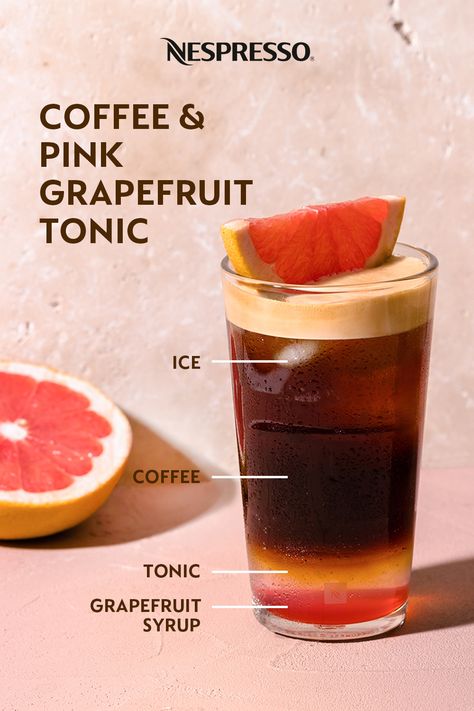 Coffee Mocktail Recipe, Coffee Tonic Recipe, Coffee Garnish, Coffee Mixology, Grapefruit Syrup, Coffee Tonic, Summer Coffee Drinks, Grapefruit Drink, Mixology Recipes